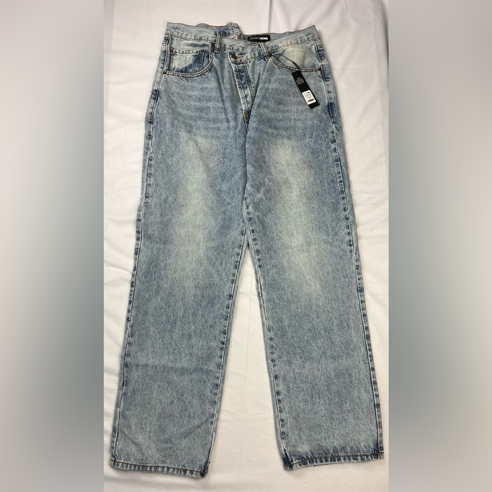 New Fashion Nova Step Waistband Crossover Jeans High Waist Button Fly Size 13